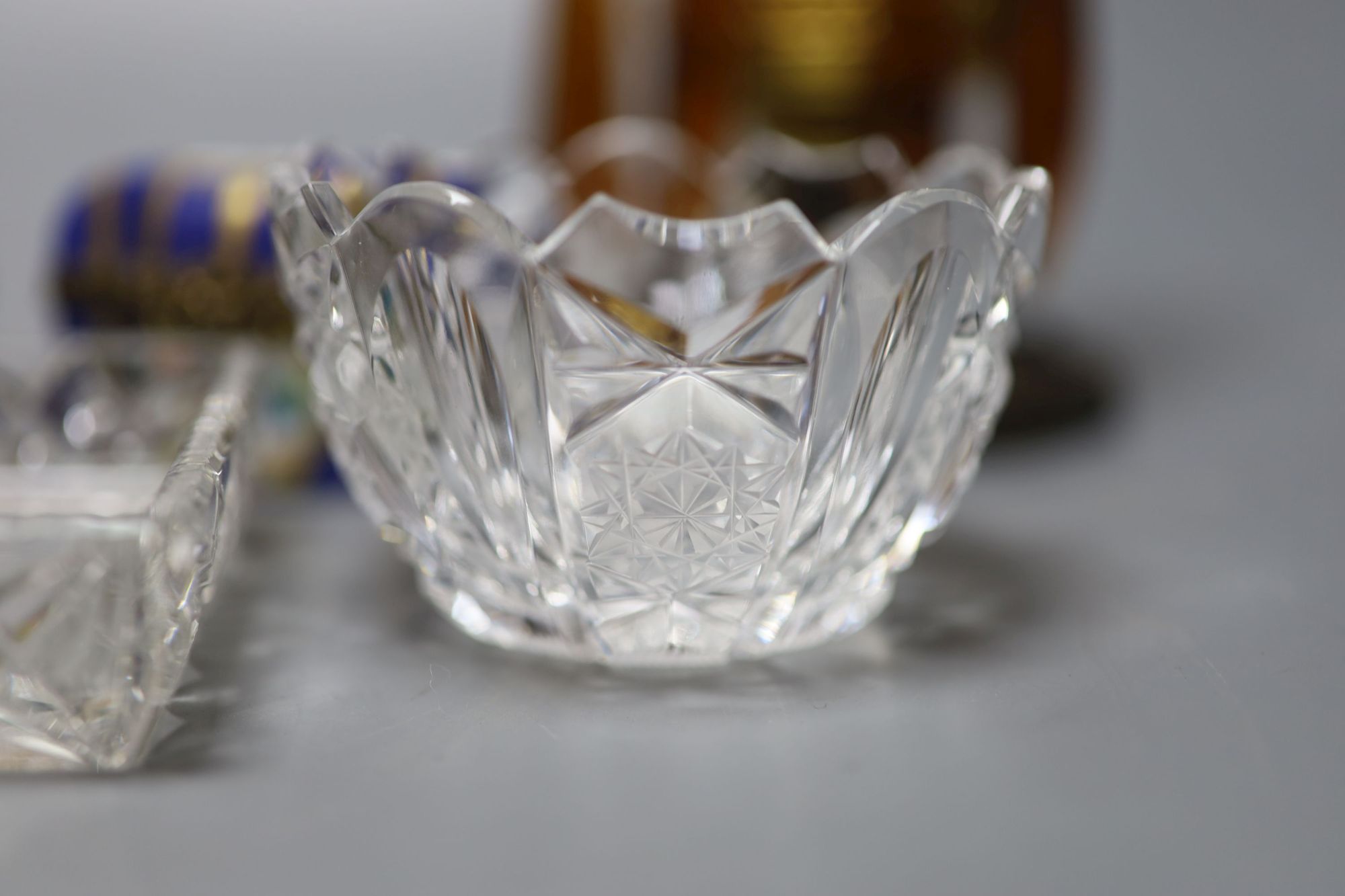 A group of mixed collectables to include a pair of 19th century table lustres, two porcelain scent bottle boxes, a paperweight and glas